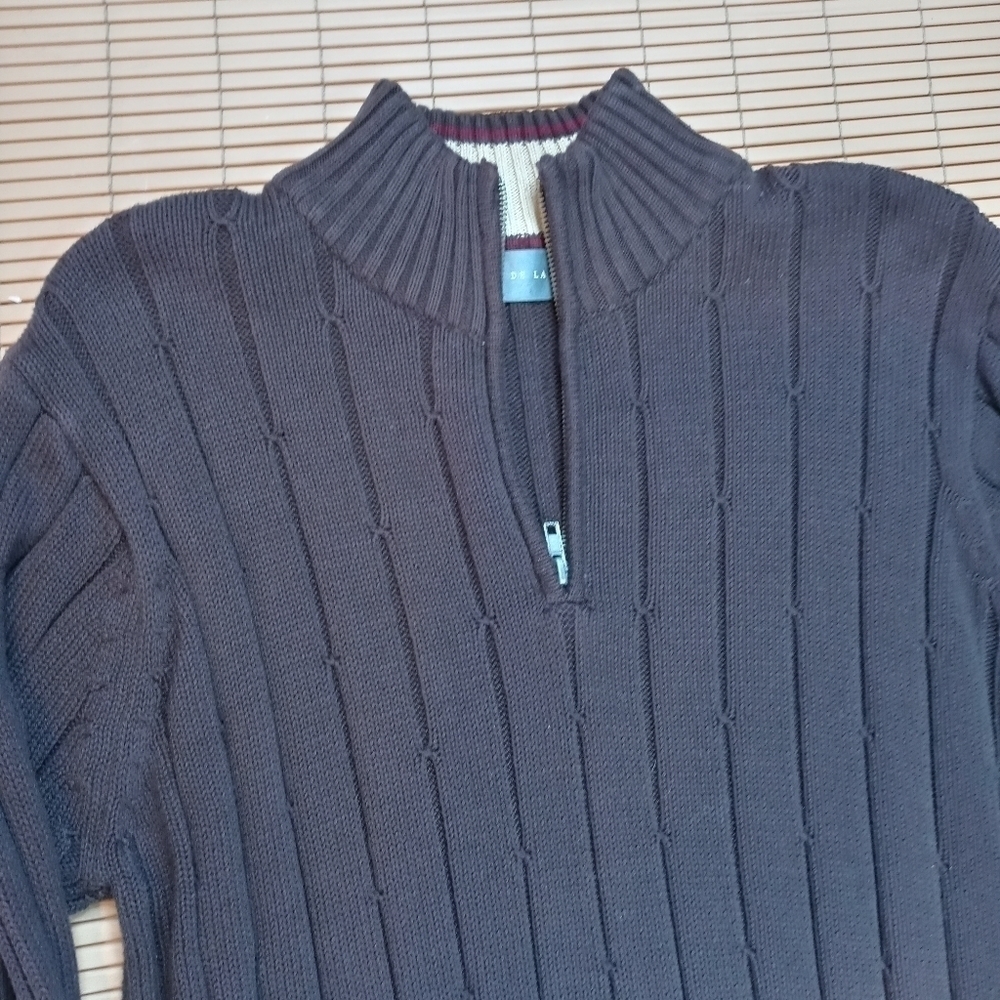 Oscar De La Renta womens knit Sweater large cotton Quarter Zip Long Sleeve Pullo